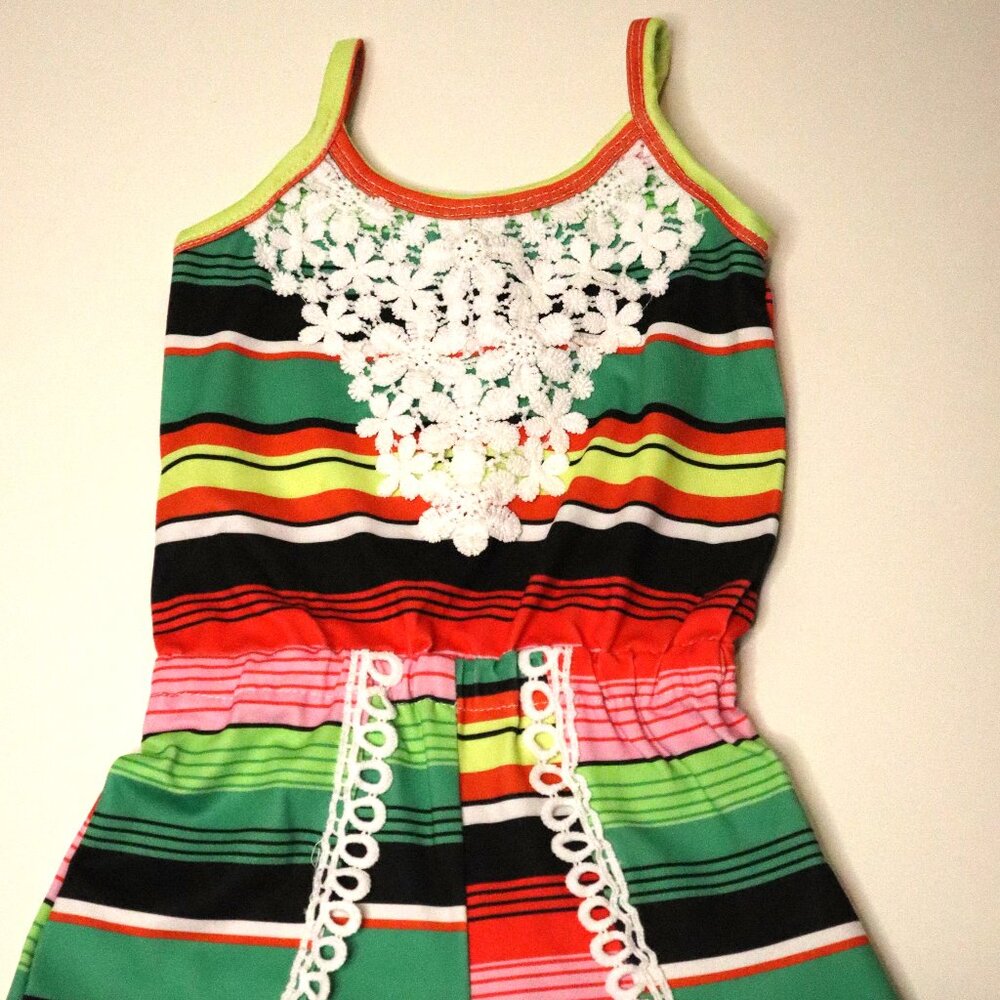 Baby Girls Bright Striped Romper One Piece Lace Trim XXS NEW